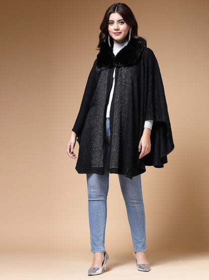 Mafadeny Winterwear Women Black Shirt Collar Embellished Longline Poncho