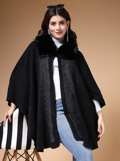 Mafadeny Winterwear Women Black Shirt Collar Embellished Longline Poncho