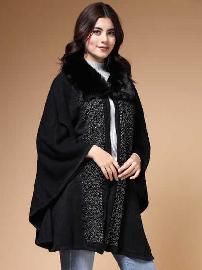 Mafadeny Winterwear Women Black Shirt Collar Embellished Longline Poncho