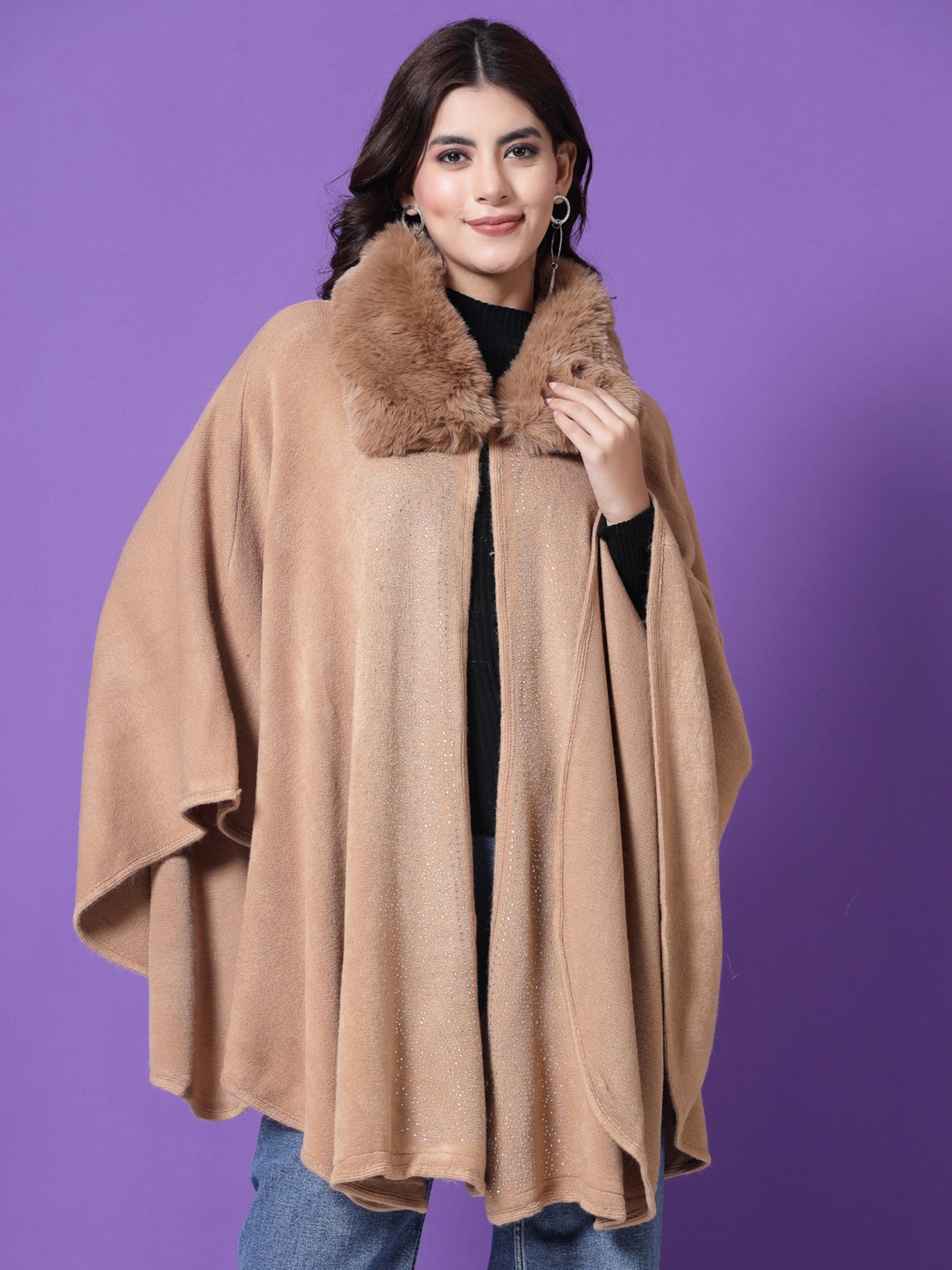 Mafadeny Winterwear Women Khaki Shirt Collar Embellished Longline Poncho