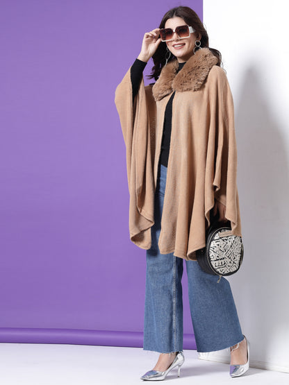 Mafadeny Winterwear Women Khaki Shirt Collar Embellished Longline Poncho