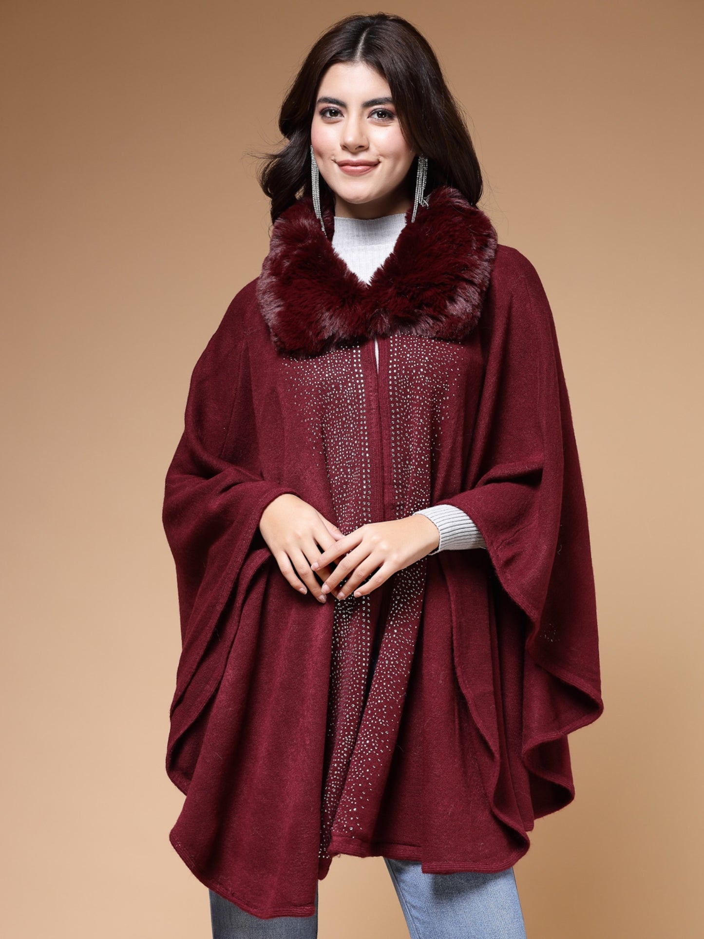 Mafadeny Winterwear Women Maroon Shirt Collar Embellished Longline Poncho