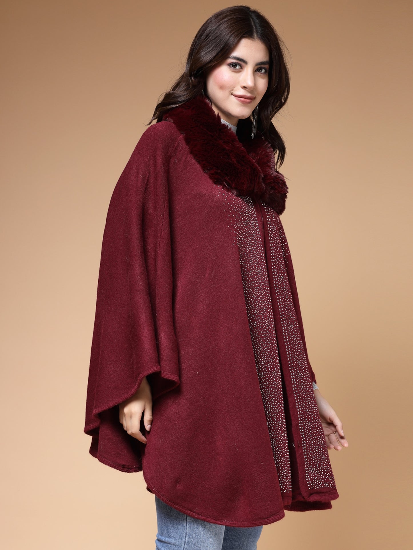 Mafadeny Winterwear Women Maroon Shirt Collar Embellished Longline Poncho