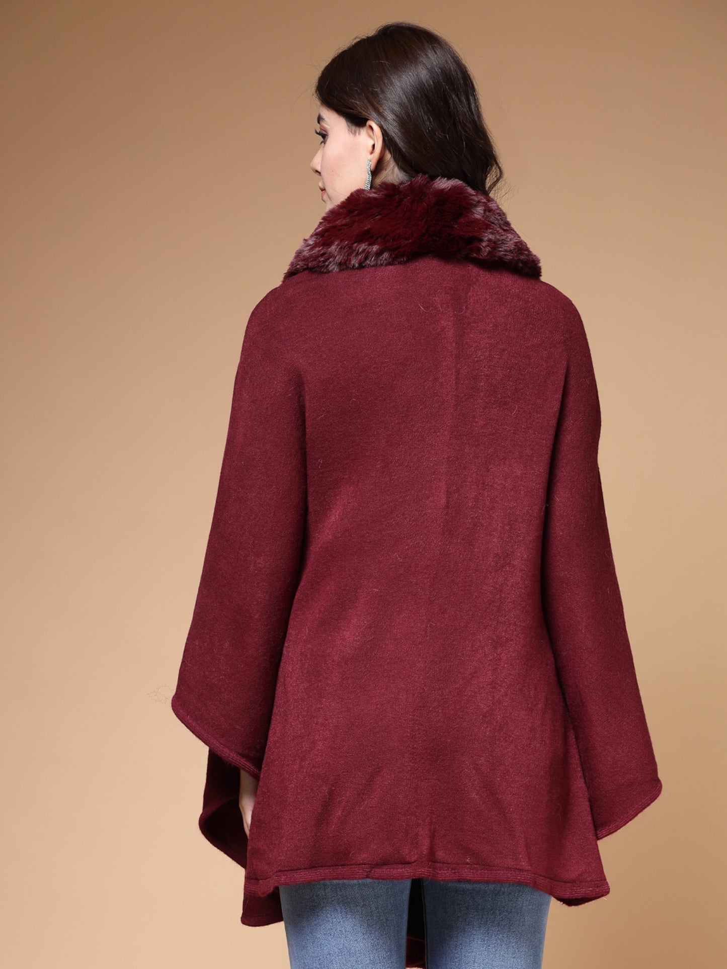 Mafadeny Winterwear Women Maroon Shirt Collar Embellished Longline Poncho