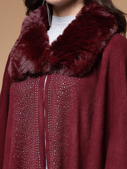 Mafadeny Winterwear Women Maroon Shirt Collar Embellished Longline Poncho