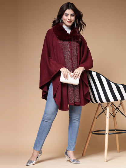 Mafadeny Winterwear Women Maroon Shirt Collar Embellished Longline Poncho