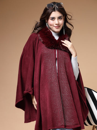 Mafadeny Winterwear Women Maroon Shirt Collar Embellished Longline Poncho