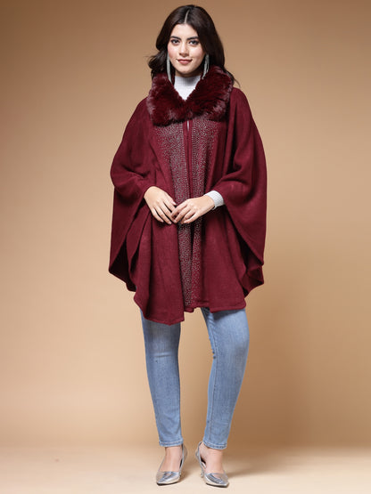 Mafadeny Winterwear Women Maroon Shirt Collar Embellished Longline Poncho