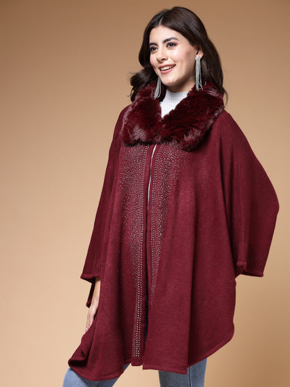 Mafadeny Winterwear Women Maroon Shirt Collar Embellished Longline Poncho