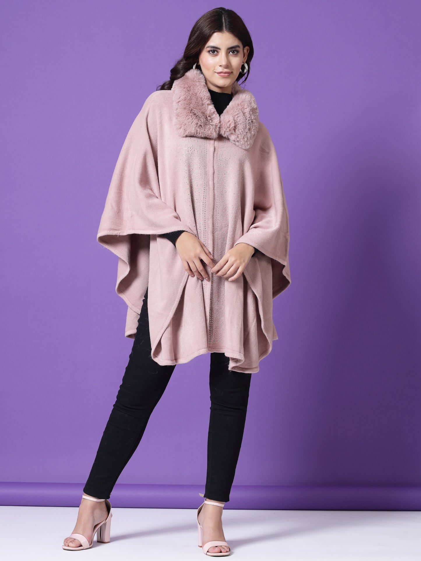 Mafadeny Winterwear Women Peach Shirt Collar Embellished Longline Poncho