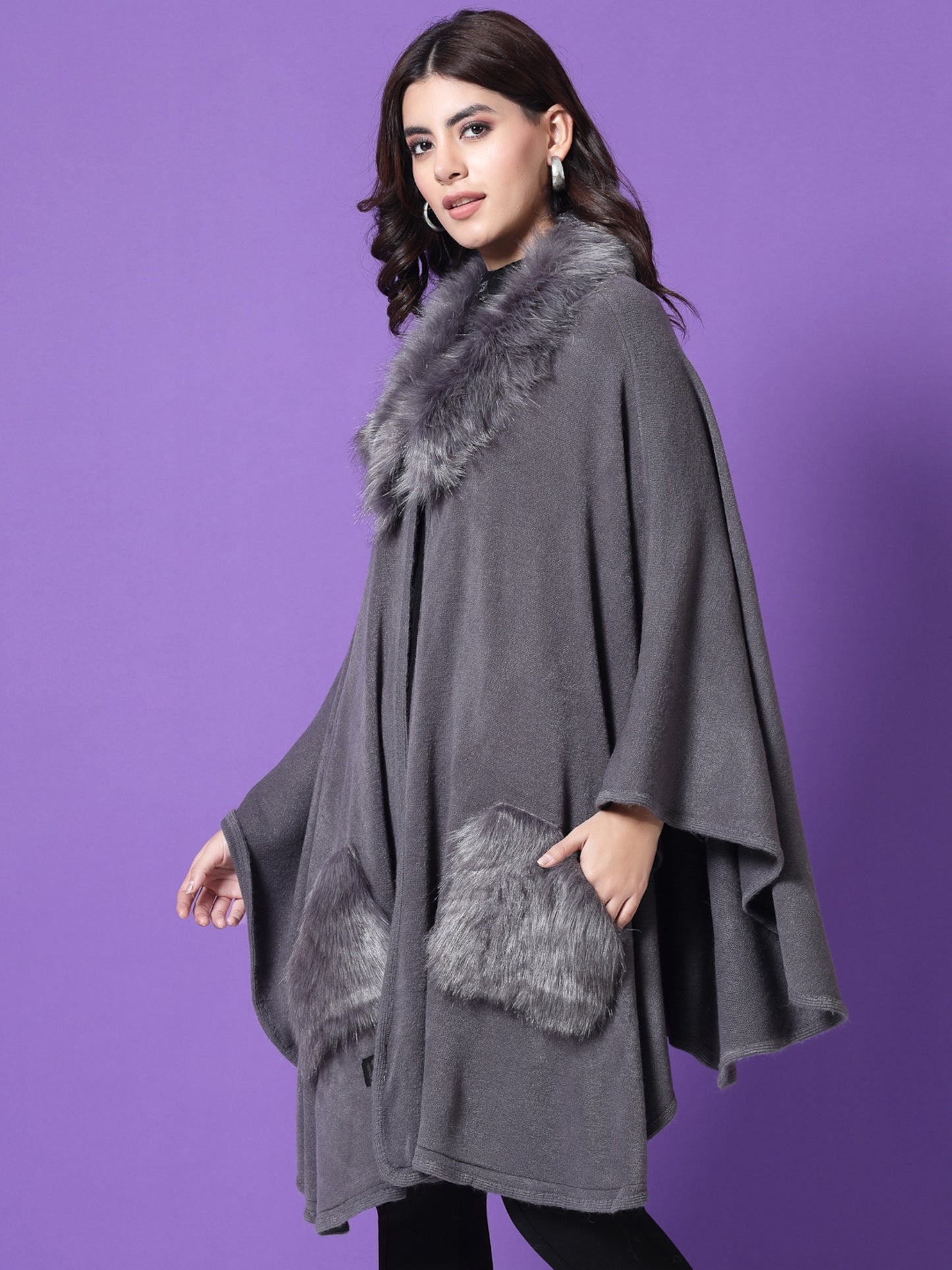 Mafadeny Winterwear Womens Grey V-Neck Longline Poncho Sweater