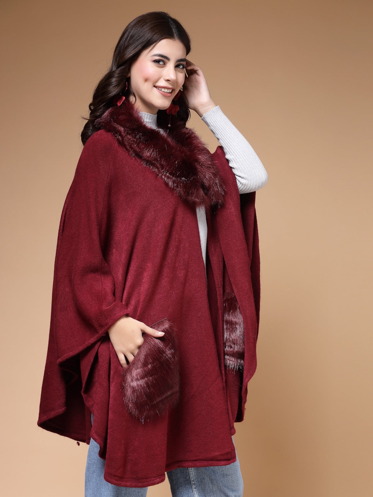 Mafadeny Winterwear Womens Maroon V-Neck Longline Poncho Sweater