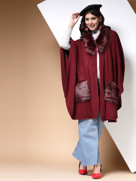 Mafadeny Winterwear Womens Maroon V-Neck Longline Poncho Sweater