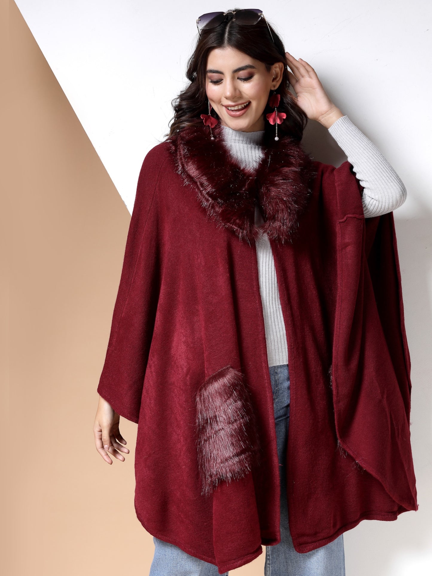 Mafadeny Winterwear Womens Maroon V-Neck Longline Poncho Sweater