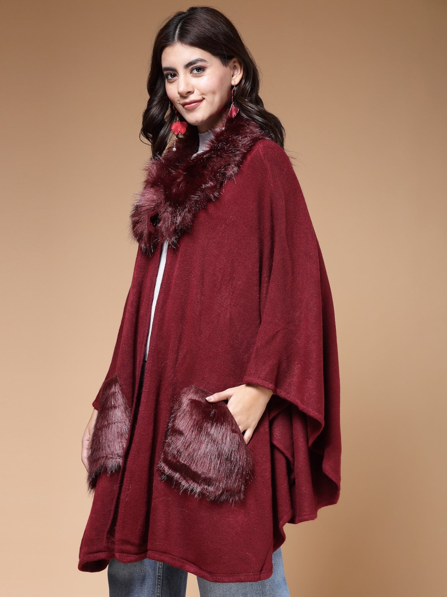 Mafadeny Winterwear Womens Maroon V-Neck Longline Poncho Sweater