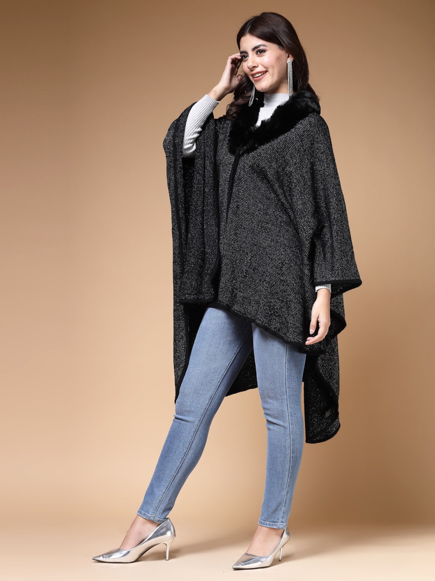 Mafadeny Winterwear Womens Black Longline Poncho With Faux Fur Detail