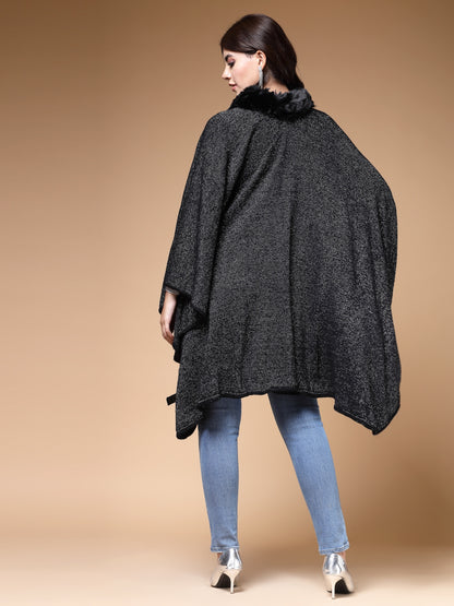 Mafadeny Winterwear Womens Black Longline Poncho With Faux Fur Detail