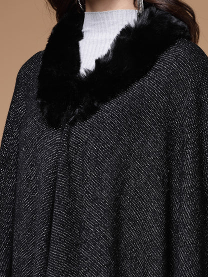 Mafadeny Winterwear Womens Black Longline Poncho With Faux Fur Detail