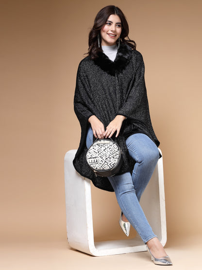 Mafadeny Winterwear Womens Black Longline Poncho With Faux Fur Detail