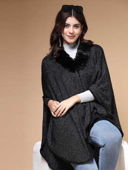 Mafadeny Winterwear Womens Black Longline Poncho With Faux Fur Detail