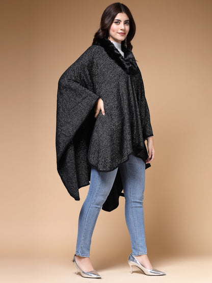 Mafadeny Winterwear Womens Black Longline Poncho With Faux Fur Detail