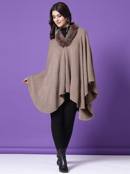 Mafadeny Winterwear Womens Khaki Longline Poncho With Faux Fur Detail