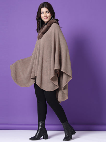 Mafadeny Winterwear Womens Khaki Longline Poncho With Faux Fur Detail