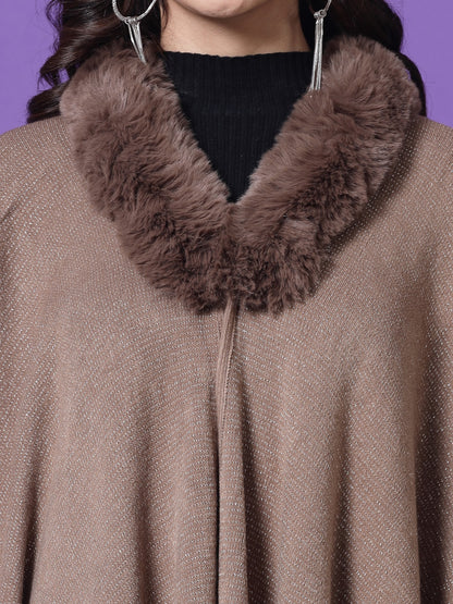 Mafadeny Winterwear Womens Khaki Longline Poncho With Faux Fur Detail