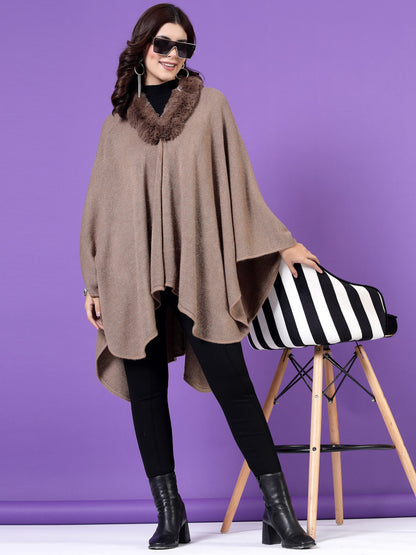 Mafadeny Winterwear Womens Khaki Longline Poncho With Faux Fur Detail