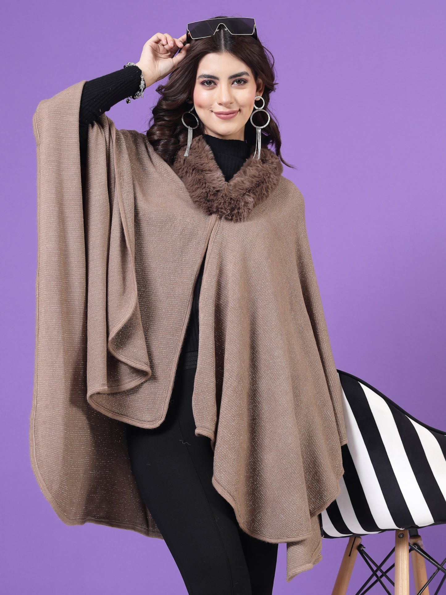 Mafadeny Winterwear Womens Khaki Longline Poncho With Faux Fur Detail