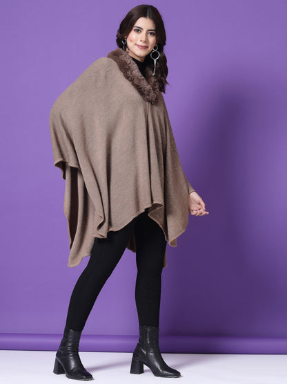 Mafadeny Winterwear Womens Khaki Longline Poncho With Faux Fur Detail