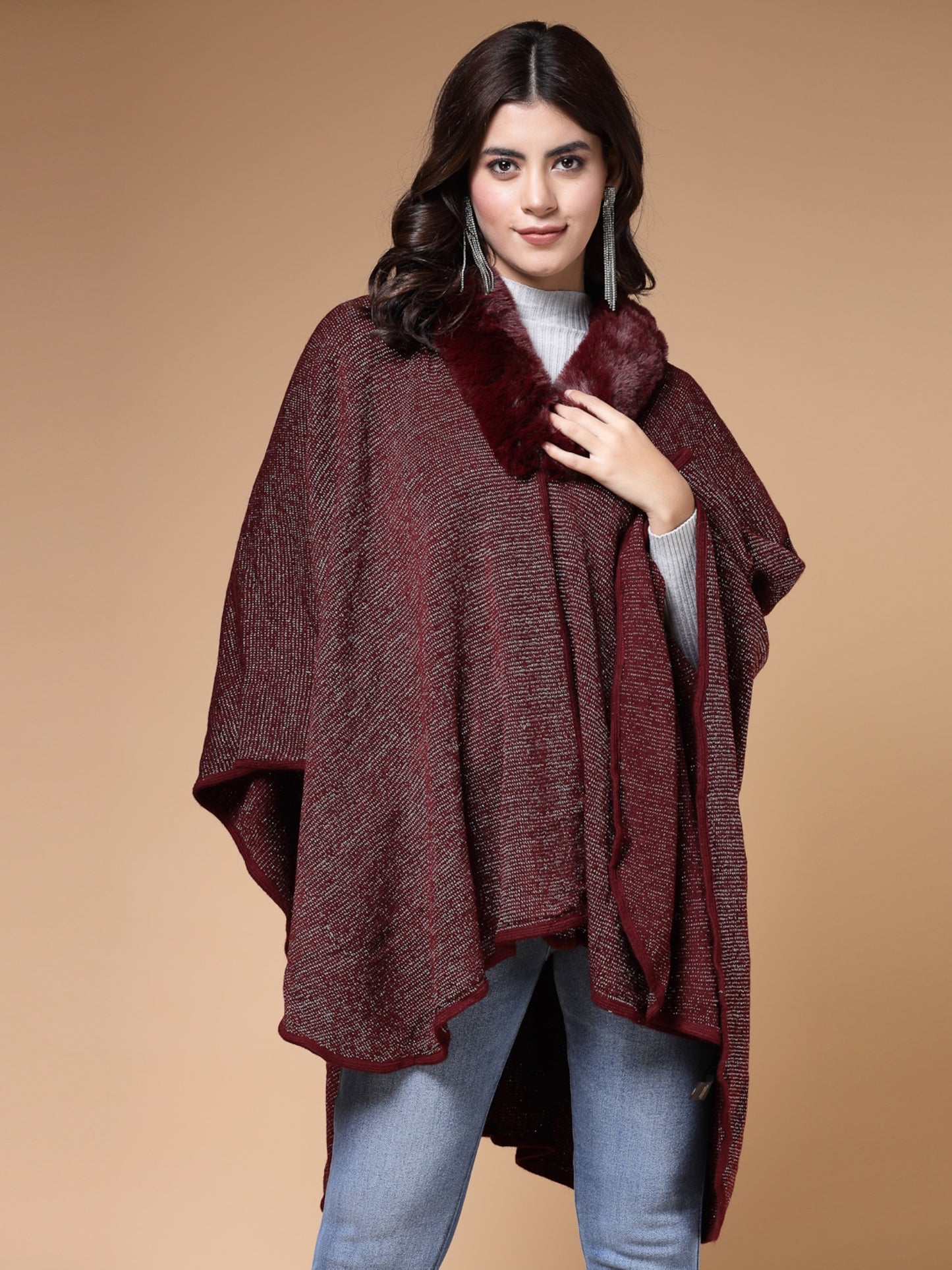 Mafadeny Winterwear Womens Maroon Longline Poncho With Faux Fur Detail