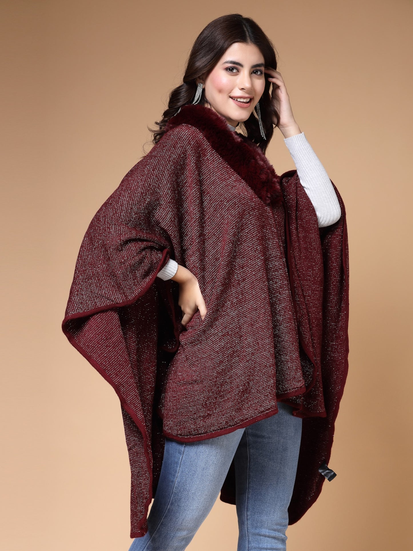 Mafadeny Winterwear Womens Maroon Longline Poncho With Faux Fur Detail