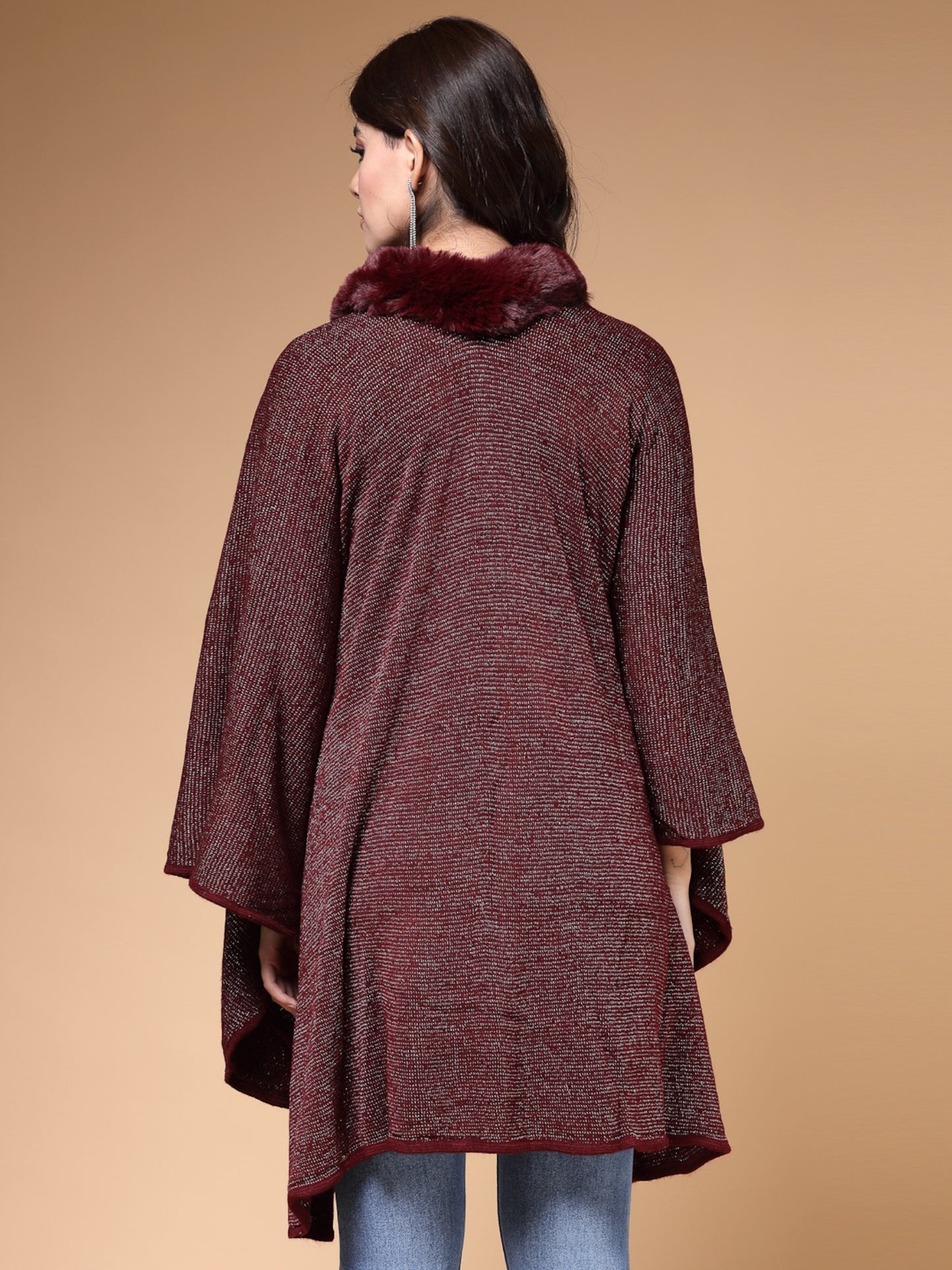 Mafadeny Winterwear Womens Maroon Longline Poncho With Faux Fur Detail