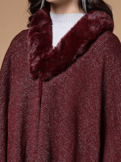 Mafadeny Winterwear Womens Maroon Longline Poncho With Faux Fur Detail