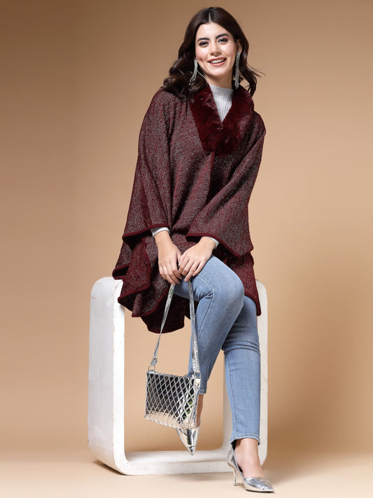 Mafadeny Winterwear Womens Maroon Longline Poncho With Faux Fur Detail