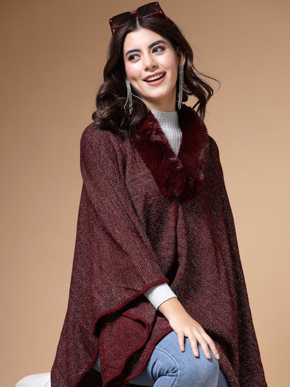 Mafadeny Winterwear Womens Maroon Longline Poncho With Faux Fur Detail