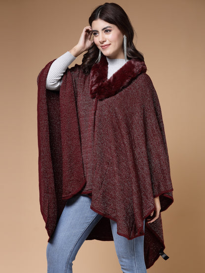 Mafadeny Winterwear Womens Maroon Longline Poncho With Faux Fur Detail