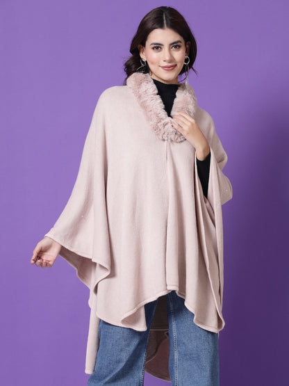 Mafadeny Winterwear Womens Peach Longline Poncho With Faux Fur Detail