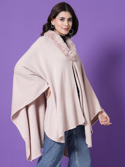 Mafadeny Winterwear Womens Peach Longline Poncho With Faux Fur Detail