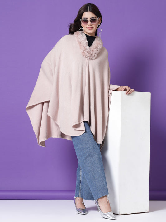 Mafadeny Winterwear Womens Peach Longline Poncho With Faux Fur Detail