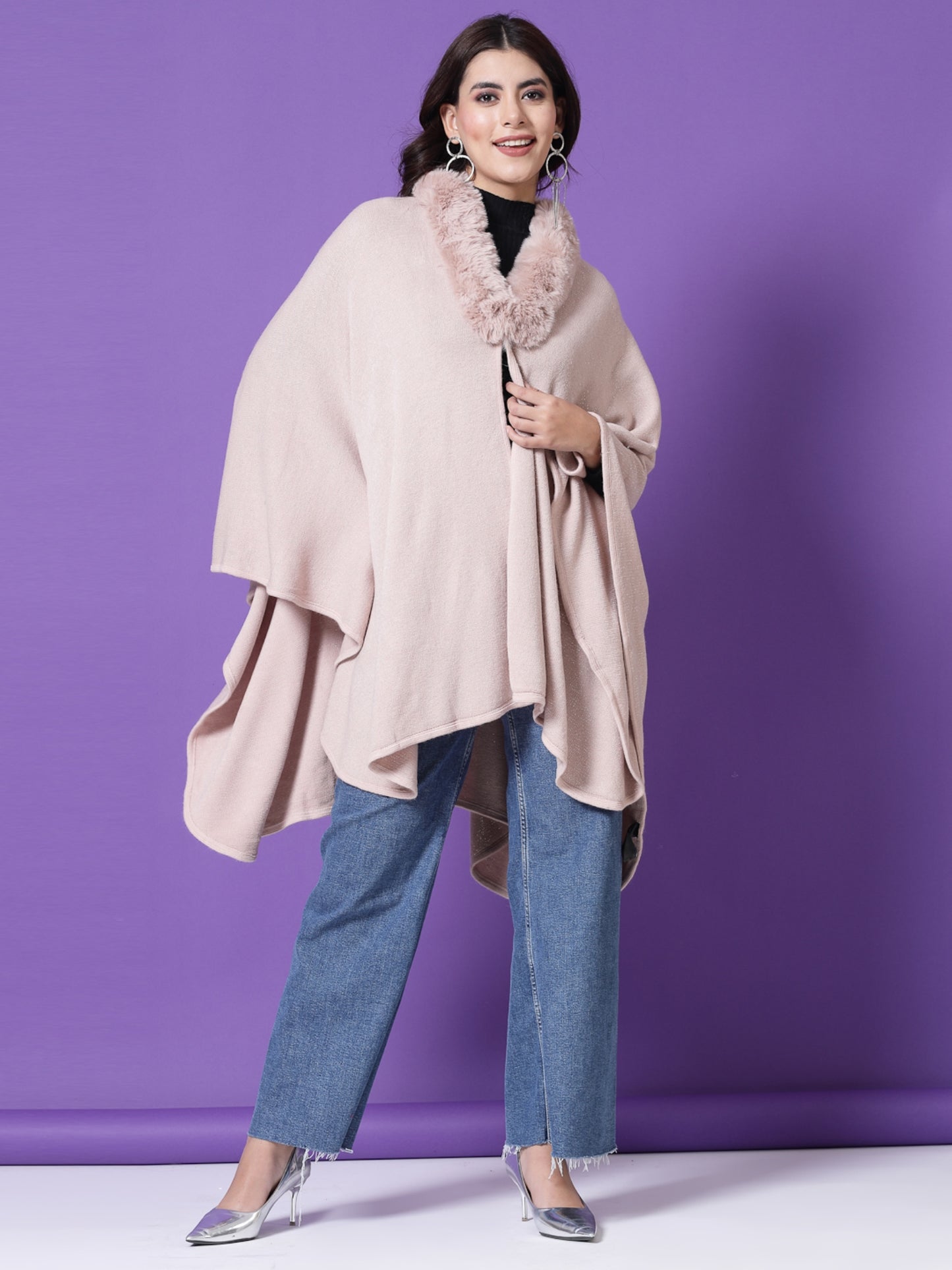 Mafadeny Winterwear Womens Peach Longline Poncho With Faux Fur Detail