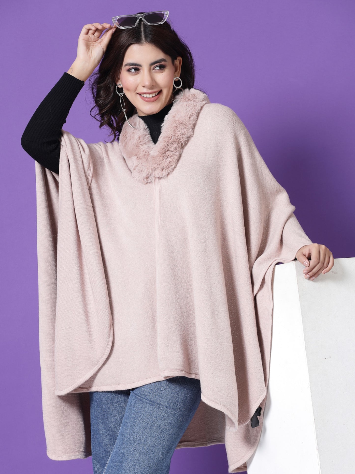 Mafadeny Winterwear Womens Peach Longline Poncho With Faux Fur Detail