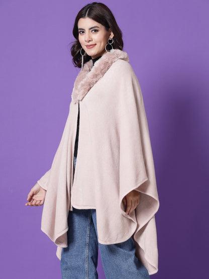 Mafadeny Winterwear Womens Peach Longline Poncho With Faux Fur Detail