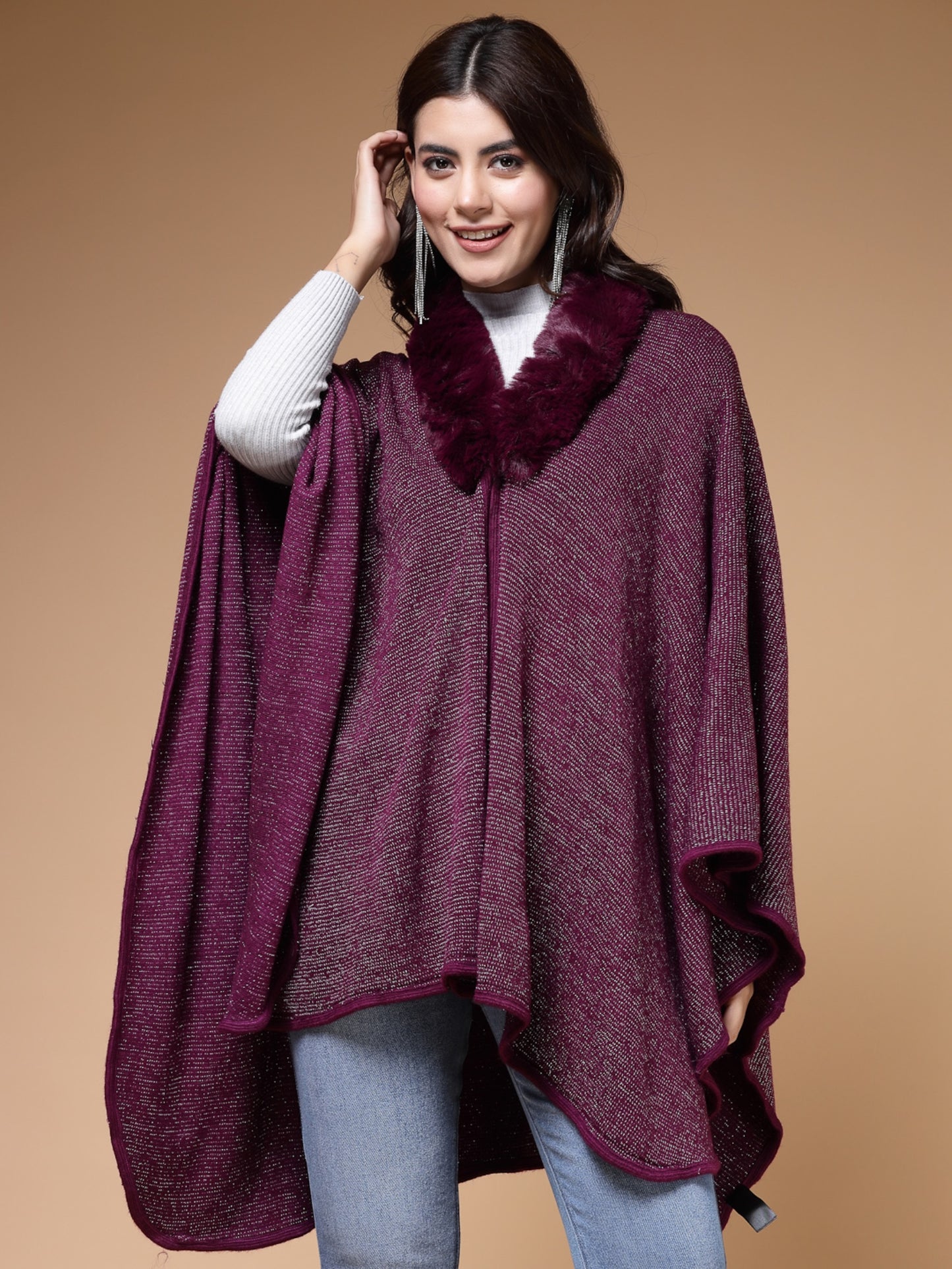 Mafadeny Winterwear Womens Wine Longline Poncho With Faux Fur Detail