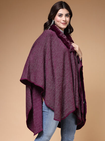 Mafadeny Winterwear Womens Wine Longline Poncho With Faux Fur Detail