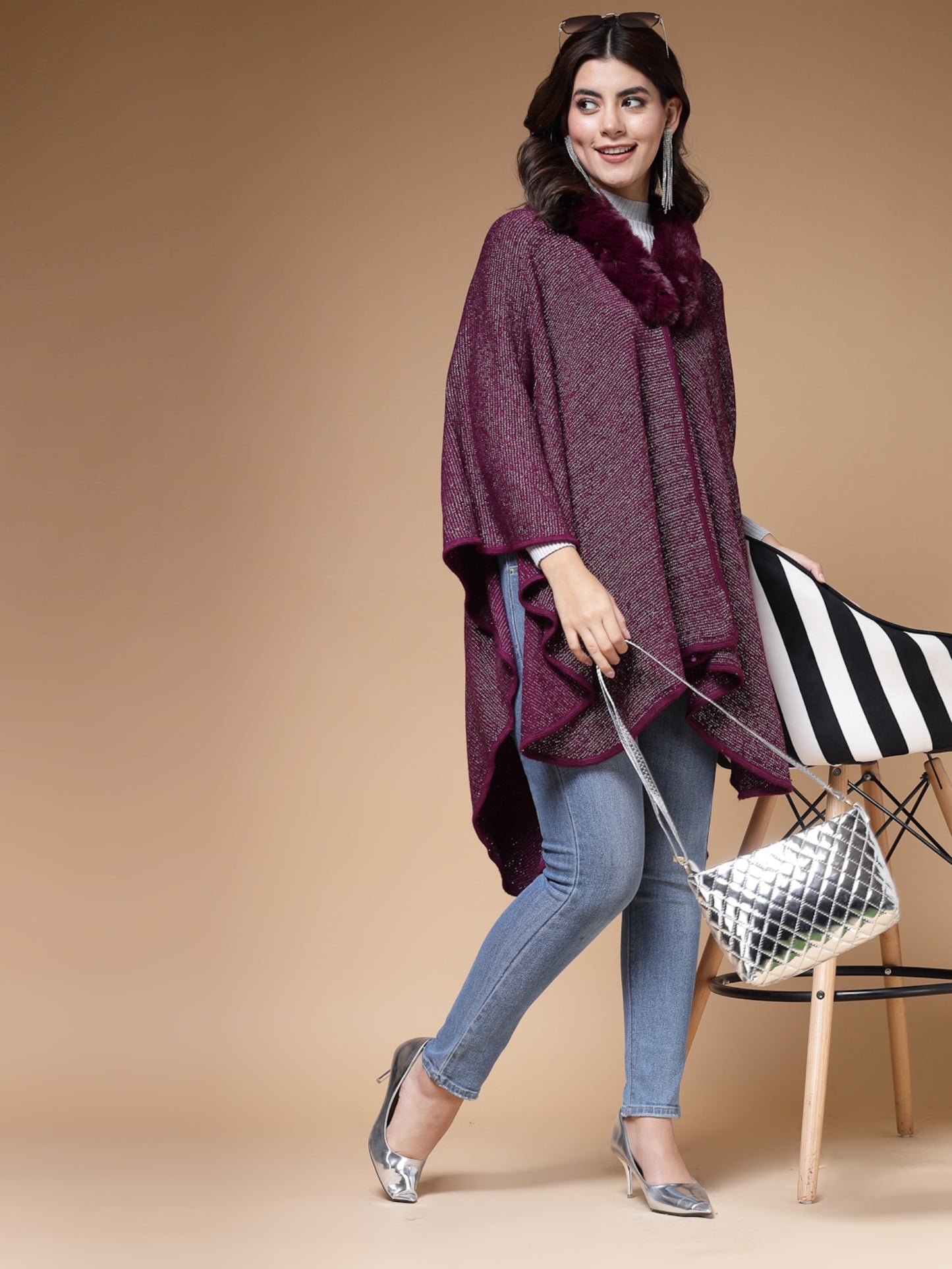 Mafadeny Winterwear Womens Wine Longline Poncho With Faux Fur Detail