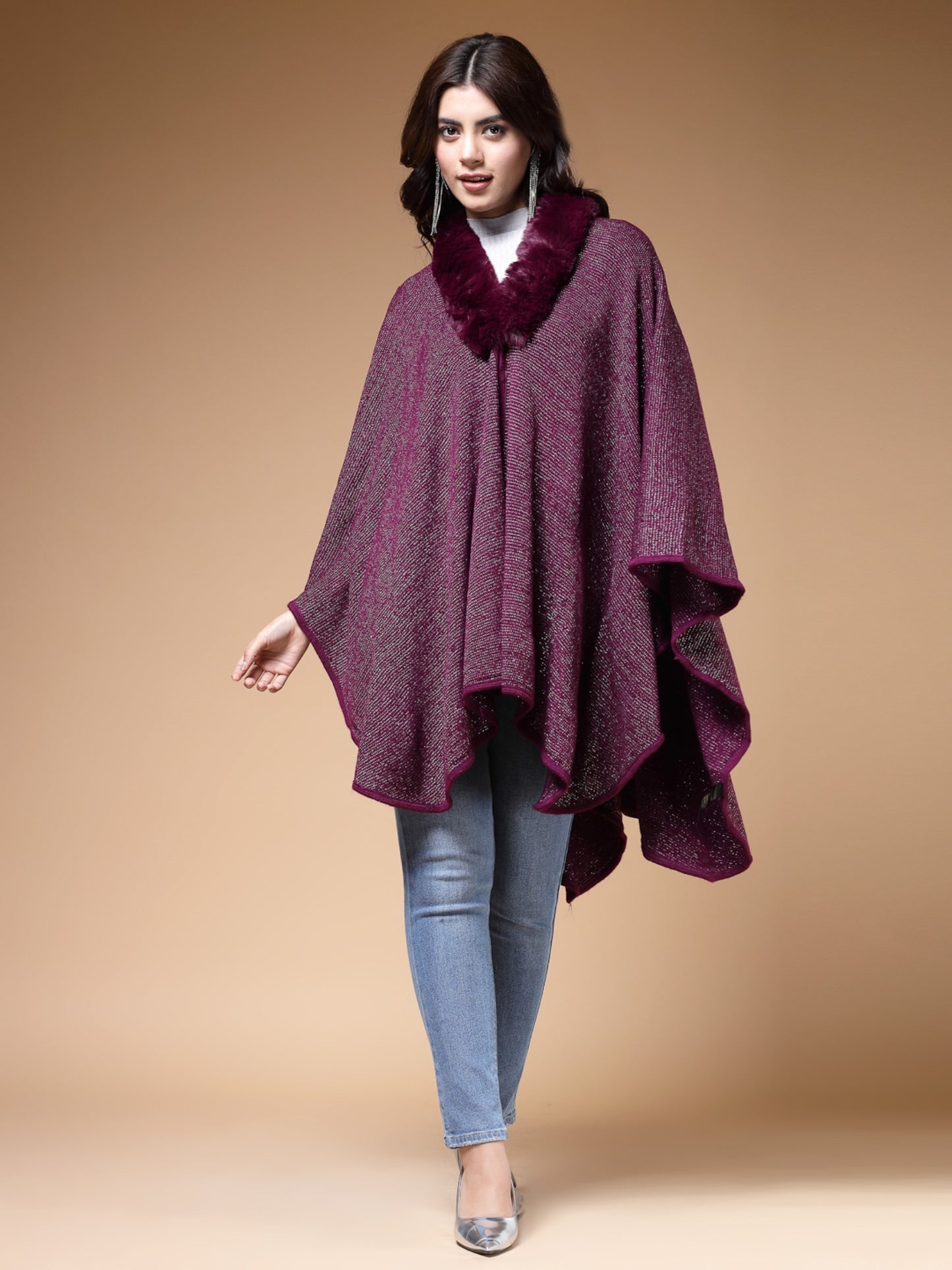 Mafadeny Winterwear Womens Wine Longline Poncho With Faux Fur Detail