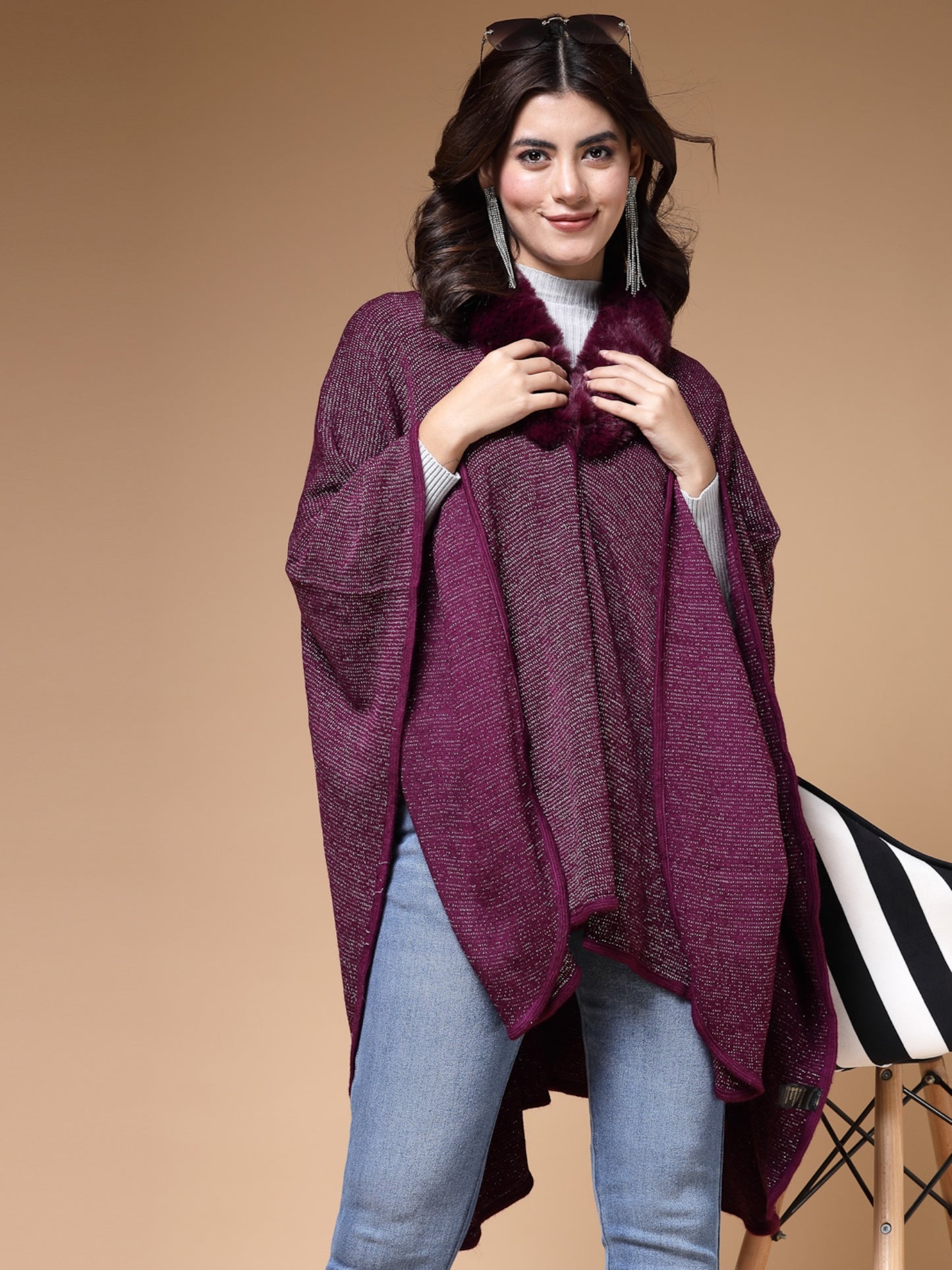 Mafadeny Winterwear Womens Wine Longline Poncho With Faux Fur Detail