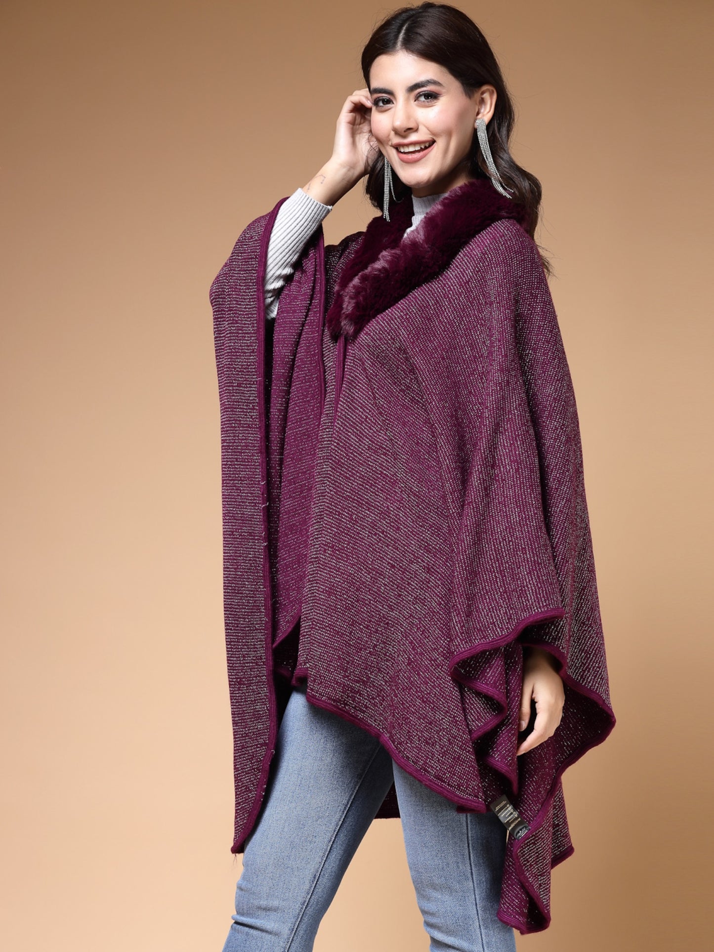 Mafadeny Winterwear Womens Wine Longline Poncho With Faux Fur Detail